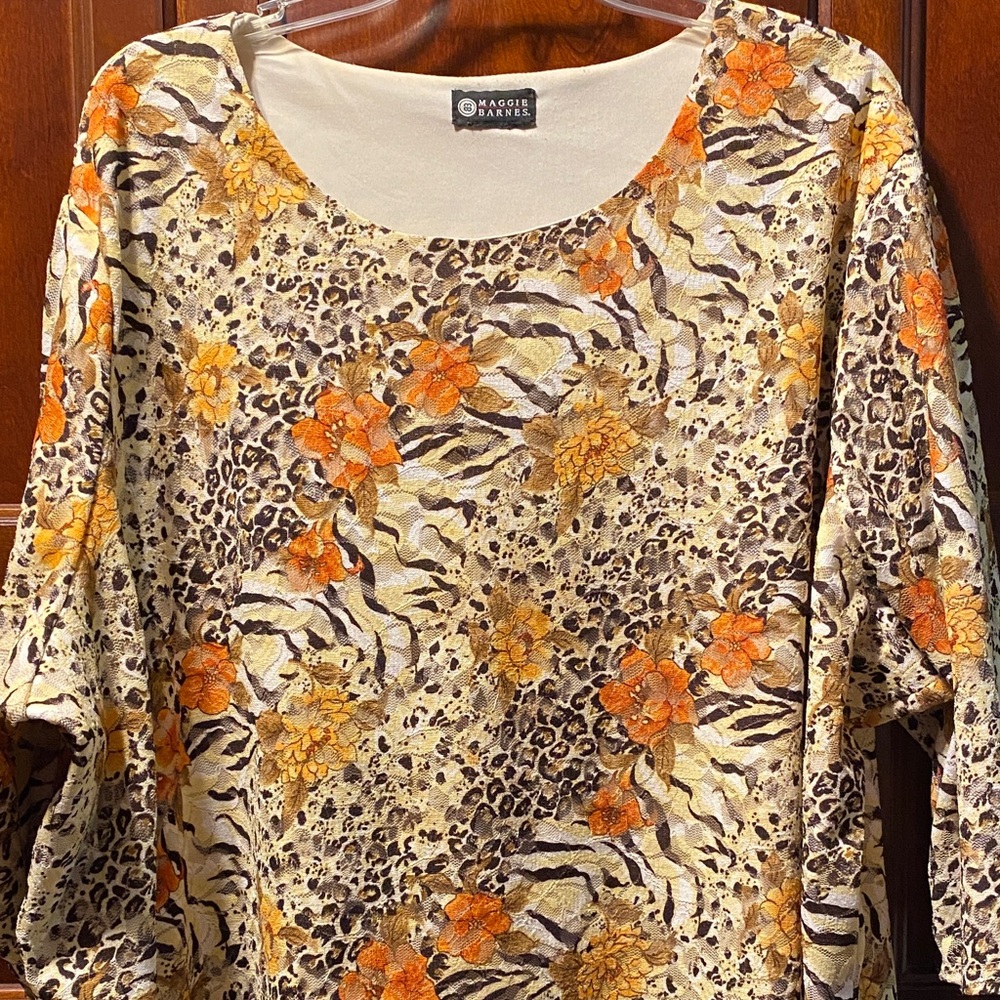 Maggie Barnes Orange and Brown Floral Animal Print vintage plus size Tunic